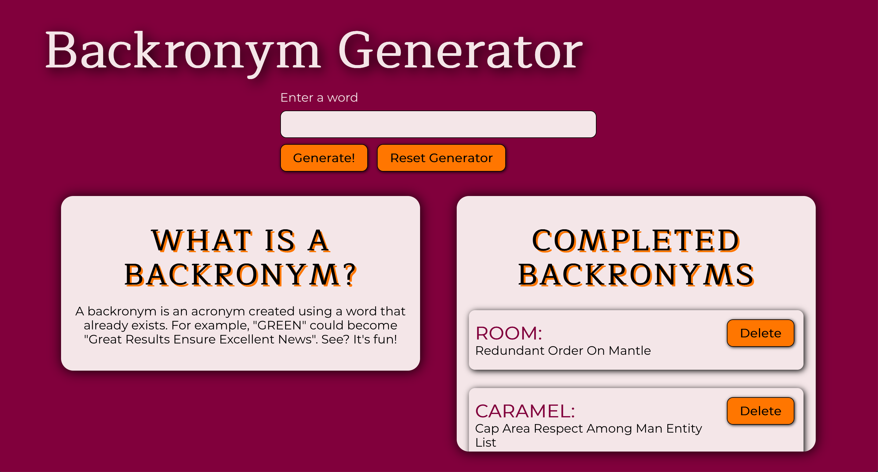 homepage for backronym 
              Generator